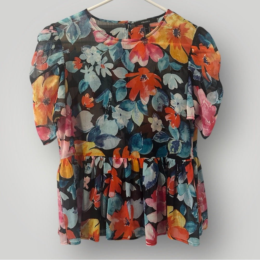 Vibrant Multicolor Sheer Floral Print Peplum Blouse